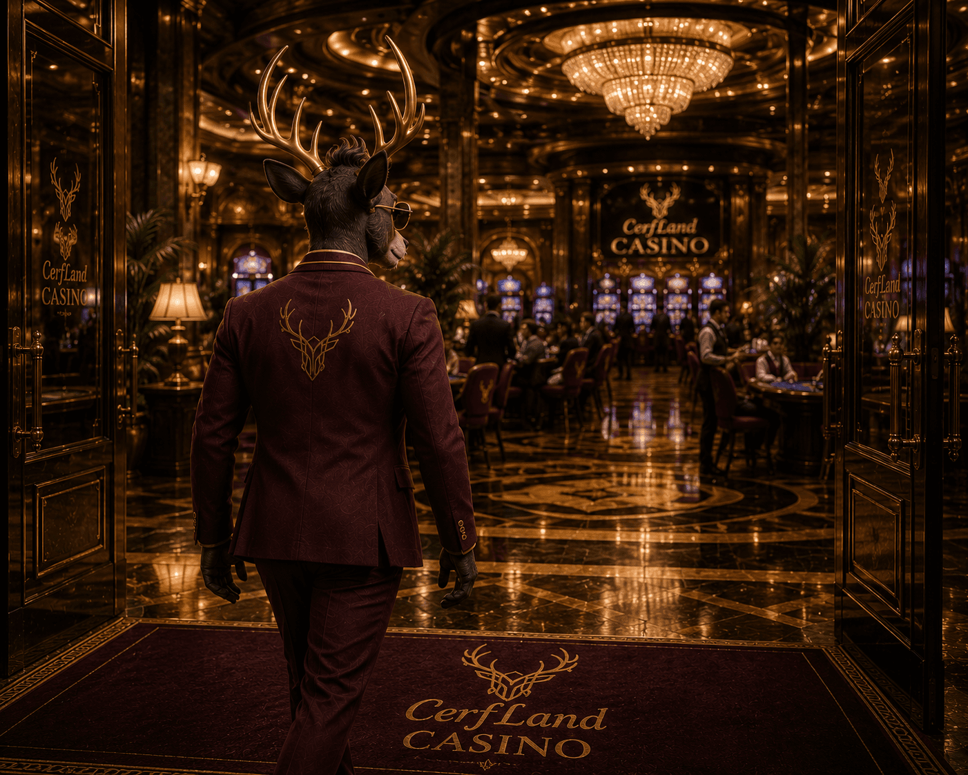 The stag stepping through the gilded doors of the CerfLand Casino, chandelier and gaming floor beyond.