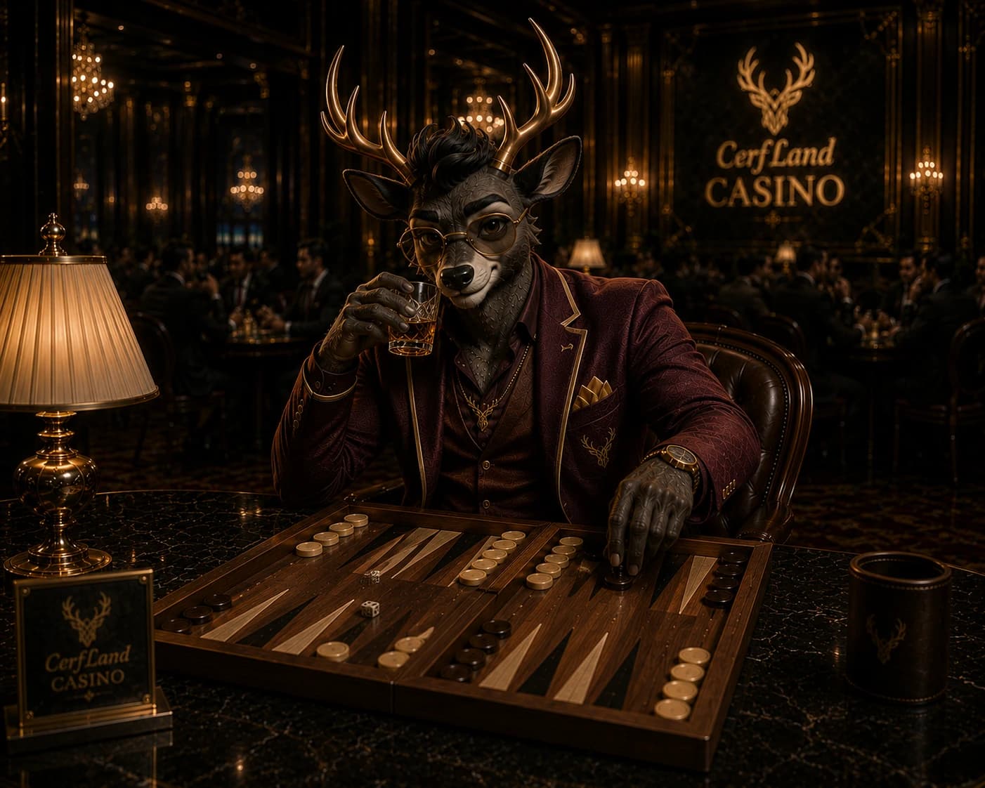Scène du Salon de Jeux : un plateau de backgammon en nacre et laque, éclairé comme une table de casino.