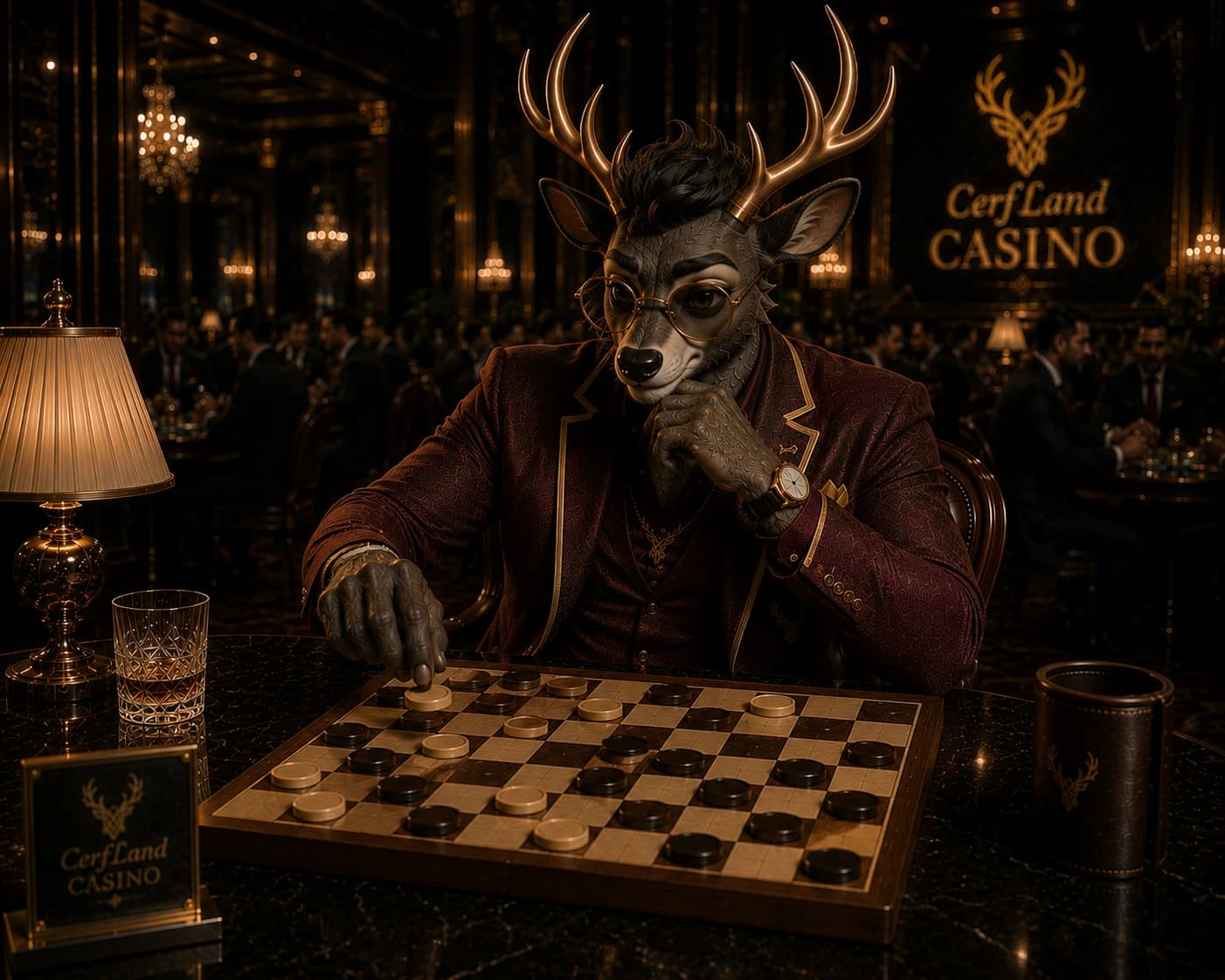 The stag in thought above a draughts board, in the CerfLand Casino salon.