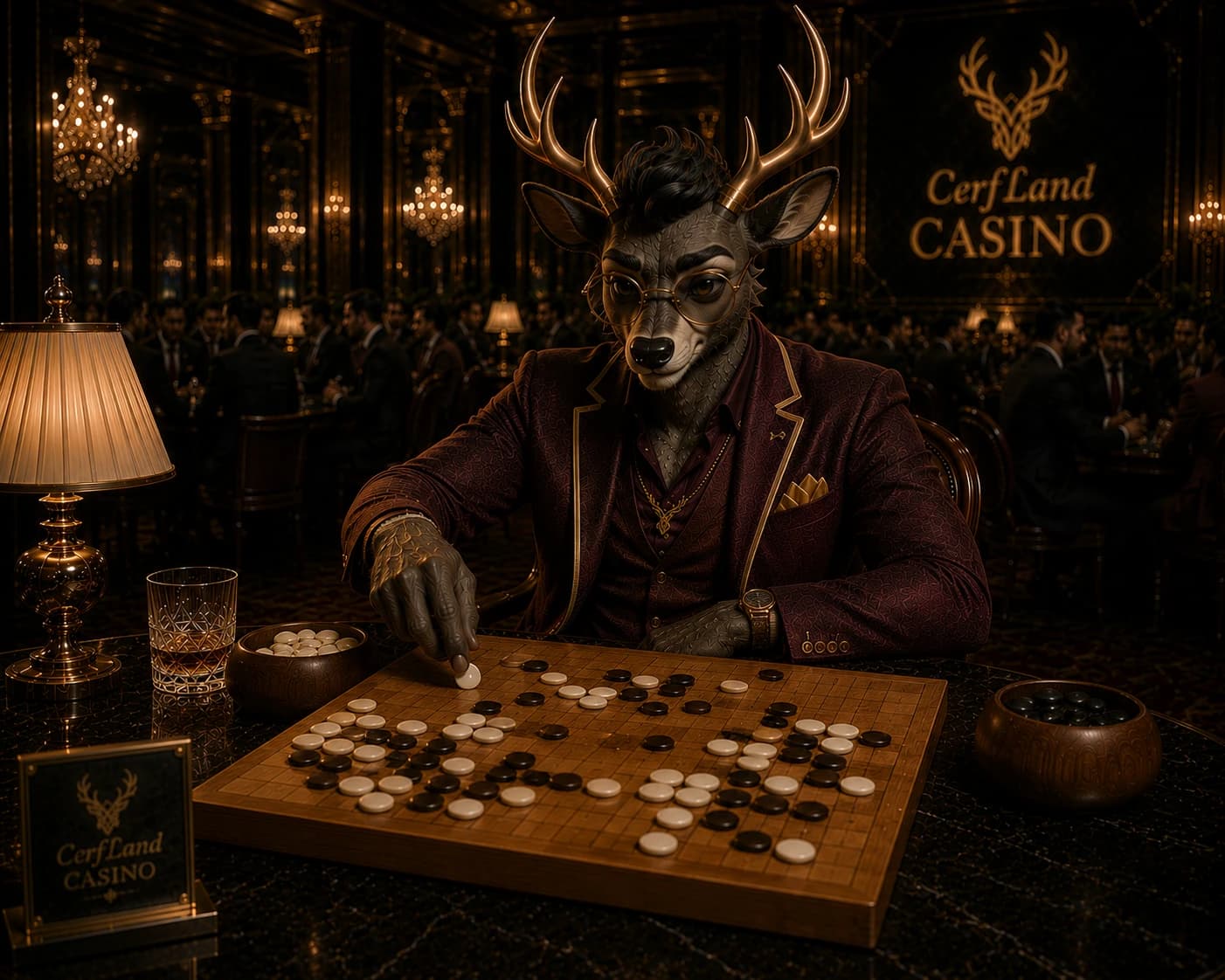 The stag placing a stone on a goban, in the CerfLand Casino salon.