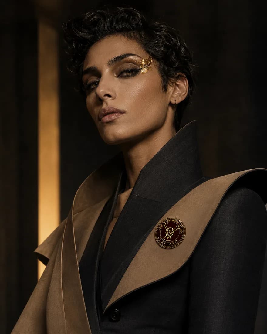 Editorial brand-face portrait developed at the Studio: gold leaf at the eye, a bicolour camel-and-charcoal suit.