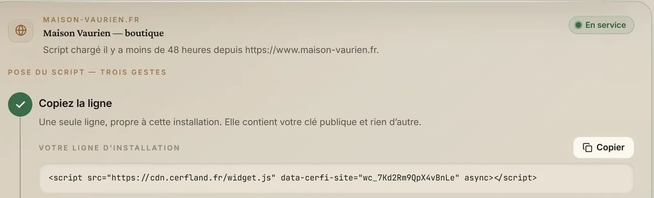 La ligne d’installation d’un site, avec sa clé publique, prête à être copiée.