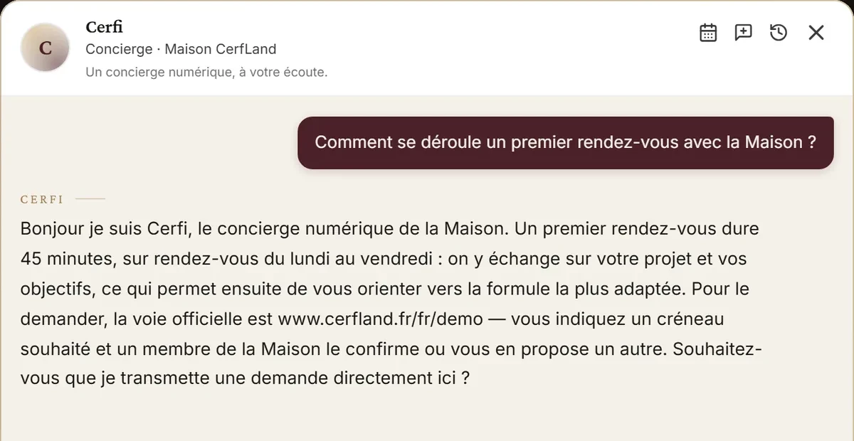 Cerfi répond sur le savoir approuvé de la Maison, sans rien inventer.