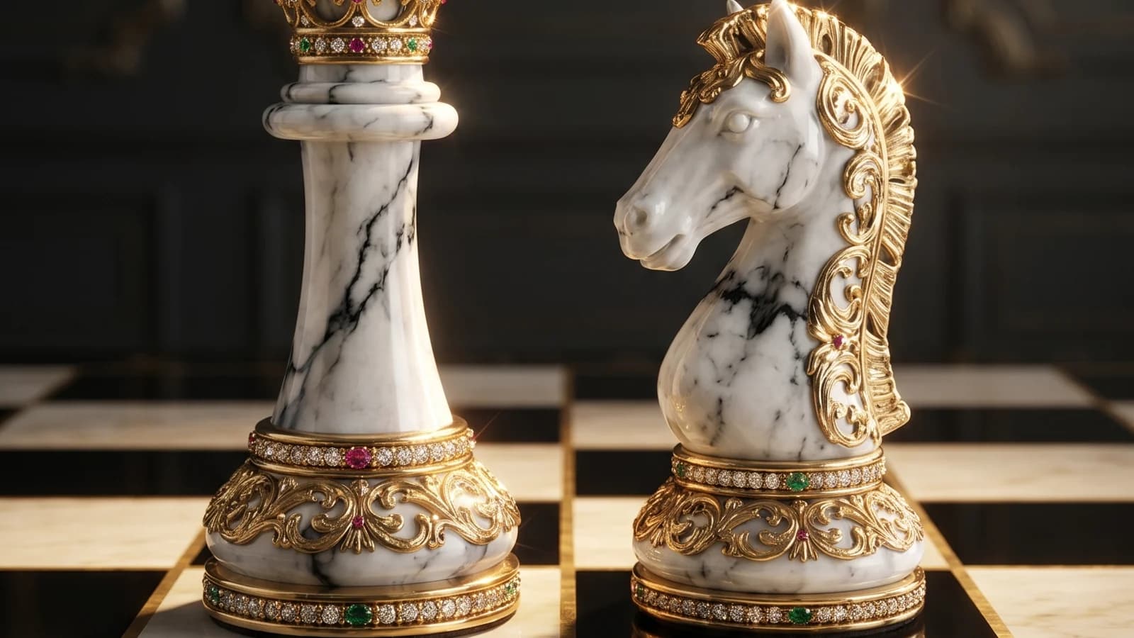 Product render: a white marble chess king and knight in jewelled gold mounts, on a marble board in a panelled room.