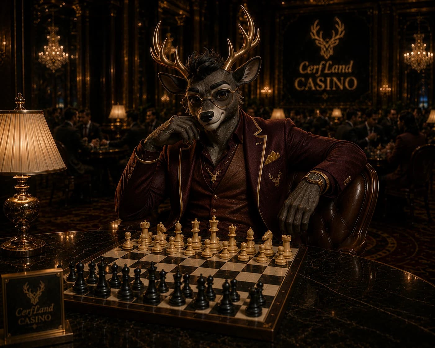 Scène jouable de l’univers CerfLand Casino : le cerf attablé devant un jeu d’échecs.