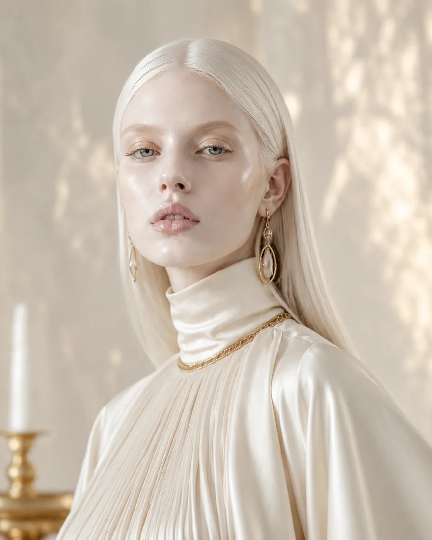 Portrait d’une égérie de couture développée au Studio, en lumière naturelle.