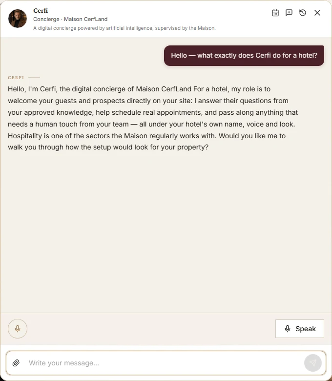 Cerfi answering an English question on cerfland.fr.