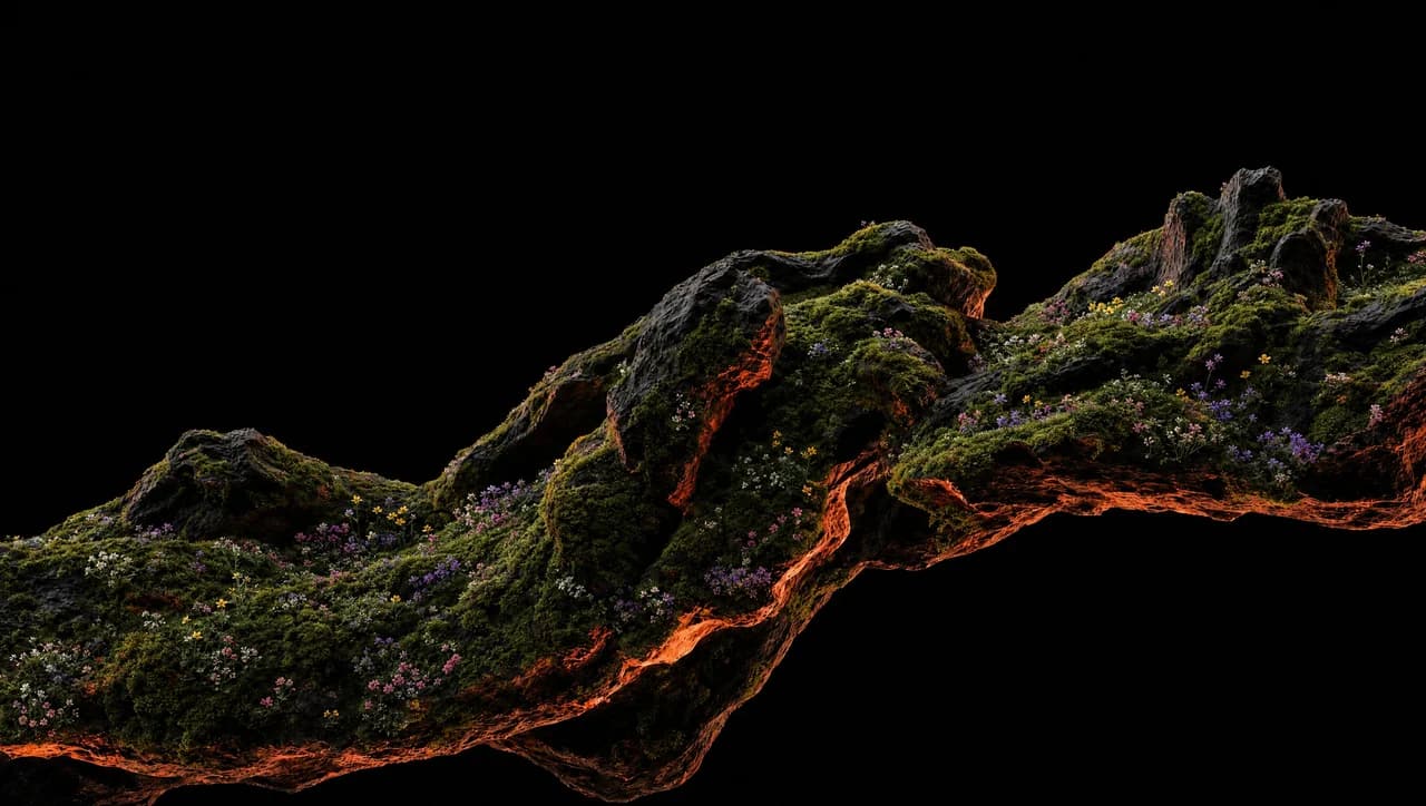 Plan d’un grand format 3D produit au Studio : un relief minéral, mousses et fleurs, parcouru de veines incandescentes.