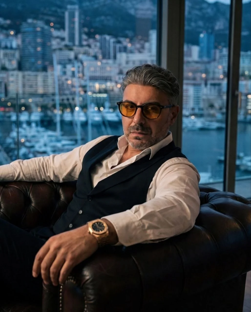 Armin Keshani, fondateur de Maison & Manufacture CerfLand, assis dans un fauteuil de cuir devant le port de Monaco au crépuscule.